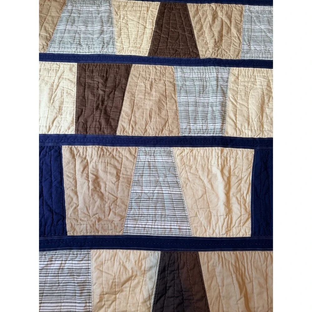 Pottery Barn Kids Jackson Pieced  Quilt Full Sz Vintage 2008 Boy Blue Tan Brown